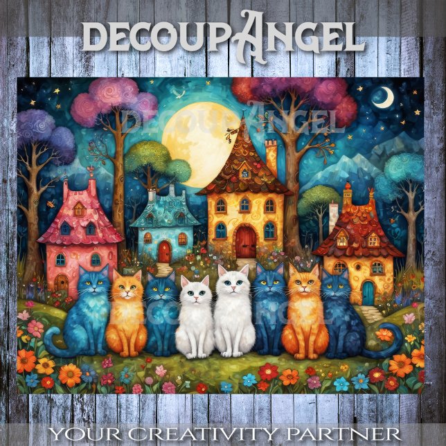 Farbenfrohe Dorfszene mit Katzen Dekoupage Seidenpapier (Von Creator hochgeladen)