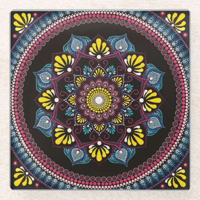 Farbenfrohe Dot Art Mandala | Sacred Geometry Boho Glasuntersetzer (Vorderseite)