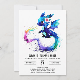 Farbenfrohe Dragon Digital Girl Geburtstag Einladung