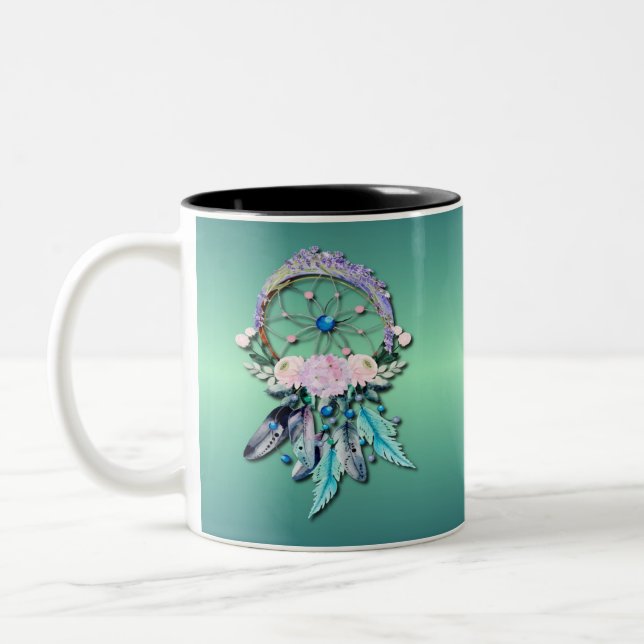 Farbenfrohe Dreamcatcher Feathers Tribal Native Zweifarbige Tasse (Links)