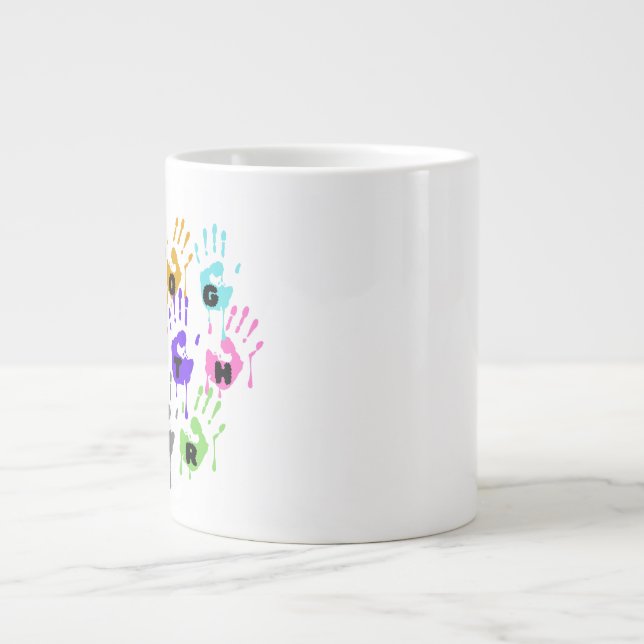Farbenfrohe Dripping-Handprints, die Word zusammen Jumbo-Tasse (Vorderseite)