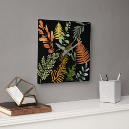 Farbenfrohe dunkle Fern Botanische Blätter Quadratische Wanduhr