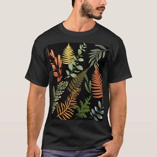 Farbenfrohe dunkle Fern Botanische Blätter T-Shirt (Vorderseite)