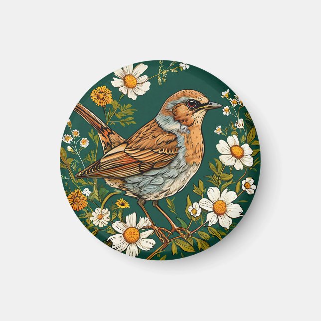 Farbenfrohe Dunnock Bird Amid blühende Blume Magnet (Vorne)