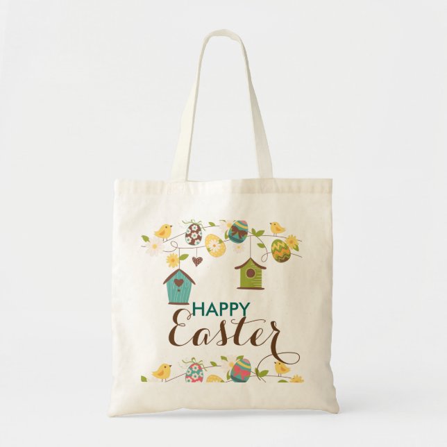Farbenfrohe Eier Blume Vogelfedern Frohe Ostern Tragetasche (Vorne)