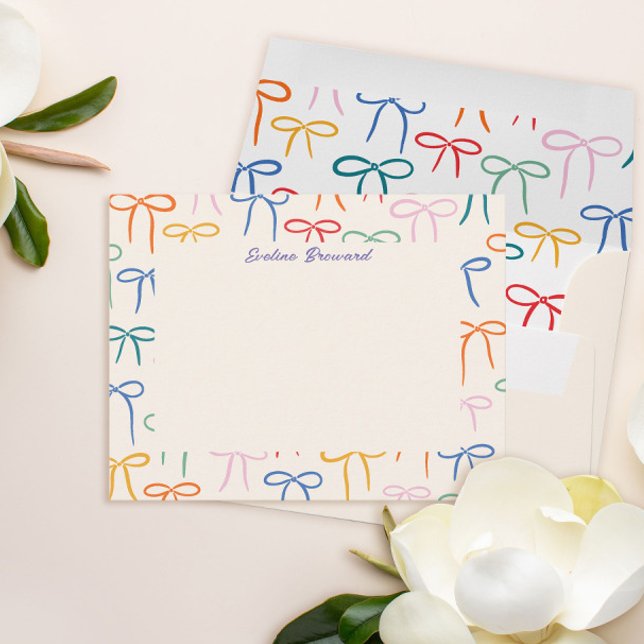 Farbenfrohe einfache Bows Personal Stationery Mitteilungskarte (Cream and colorful simple bow pattern personal stationery flat note card and envelope)