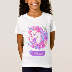 Farbenfrohe Einhorn & Blume Personalisierte Girls- T-Shirt