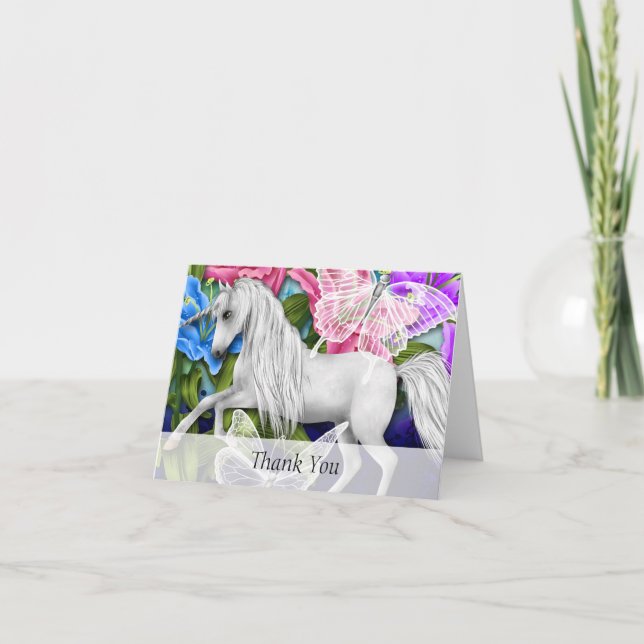 Farbenfrohe Einhorn, Blüte und Schmetterling Viele Dankeskarte (Vorderseite)