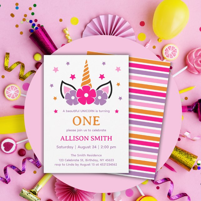 Farbenfrohe Einhorn Girls Geburtstag Einladung (Announce the upcoming birthday party with this eye-catching unicorn invitation. Order now!)