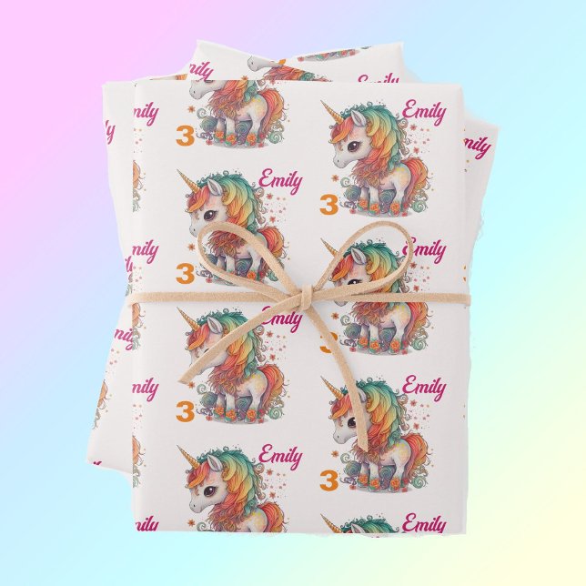 Farbenfrohe Einhorn-Kind Name & Alter Personalisie Geschenkpapier Set (Von Creator hochgeladen)