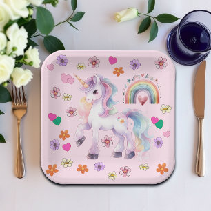 Farbenfrohe Einhorn-Regenbogen-Blume Geburtstagspa Pappteller
