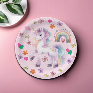 Farbenfrohe Einhorn-Regenbogen-Blume Geburtstagspa Pappteller