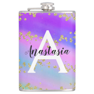 Farbenfrohe Einhorn-Regenbogen-Gold-Glitzer-Monogr Flachmann