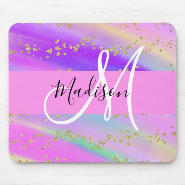 Farbenfrohe Einhorn-Regenbogen-Gold-Glitzer-Monogr Mousepad (Vorne)