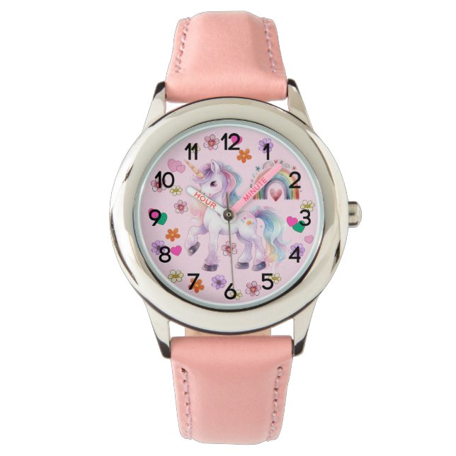 Farbenfrohe Einhorn Regenbogen und Blume Kinder Armbanduhr (Vorderseite)