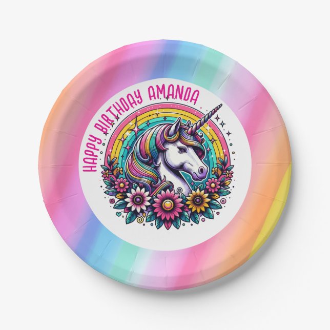 Farbenfrohe Einhorn und Regenbogen Personalisiert  Pappteller (Vorderseite)
