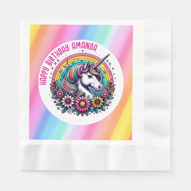 Farbenfrohe Einhorn und Regenbogen Personalisiert  Serviette (Vorderseite)