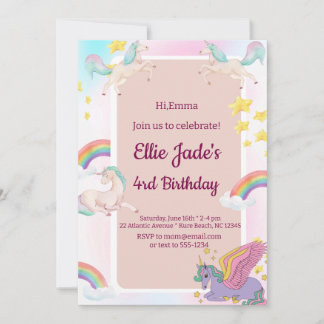 Farbenfrohe Einhörner Regenbogen Rosa Geburtstagse Einladung