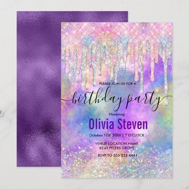 Farbenfrohe Einhorntropfmonogramm Glitzer in Einladung (Vorne/Hinten)