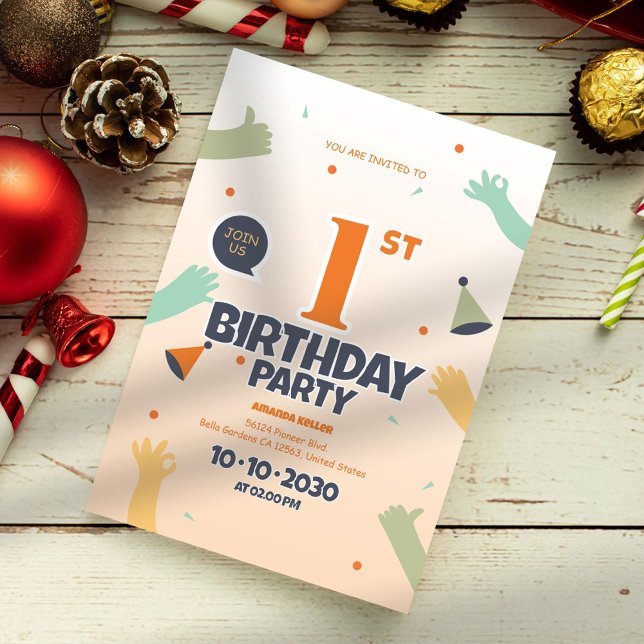 Farbenfrohe Einladung zum 1. Geburtstag (Von Creator hochgeladen)