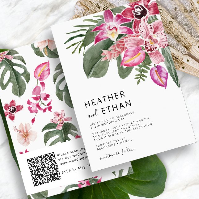 Farbenfrohe Einladung zur Tropischen Hochzeit (Colorful Tropical Watercolor Floral Wedding Invitation QR Code by Painted Paperie
)