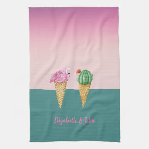 Farbenfrohe Eiscreme Cones Cactus Pink Flamingos Geschirrtuch