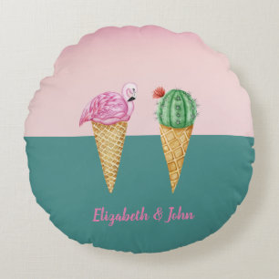 Farbenfrohe Eiscreme Cones Cactus Pink Flamingos Rundes Kissen