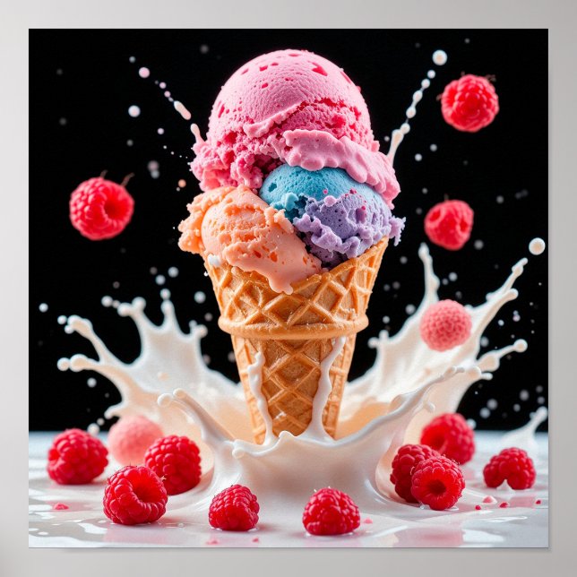 Farbenfrohe Eiscreme-Kone mit Splash Milk Poster (Vorne)