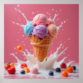 Farbenfrohe Eiscreme-Kone mit Splash Milk Poster