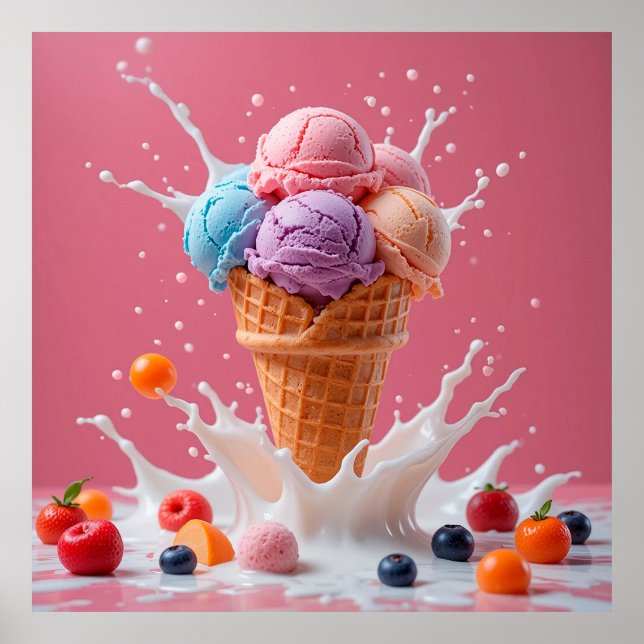 Farbenfrohe Eiscreme-Kone mit Splash Milk Poster (Vorne)