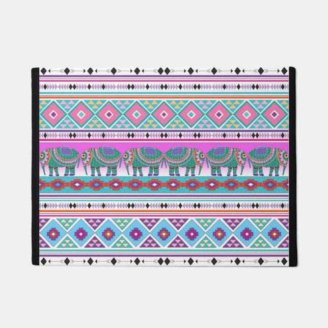 Farbenfrohe Elefanten mit Azteken-Muster Fußmatte (Vorderseite)