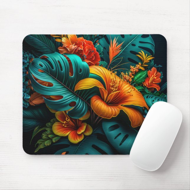Farbenfrohe Elegante Tropische Blätter und Blume | Mousepad (Mit Mouse)