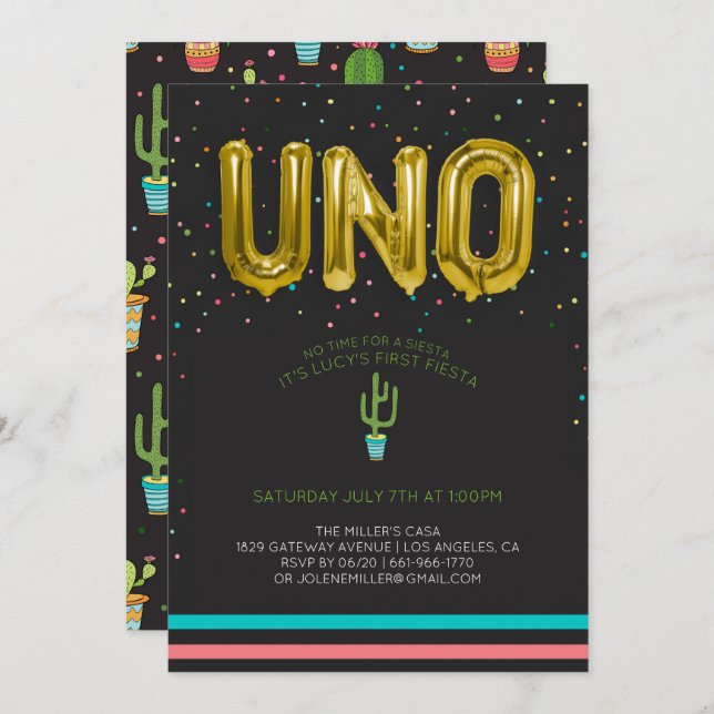 Farbenfrohe erste Fiesta Geburtstag | UNO Balloons Einladung (Vorne/Hinten)