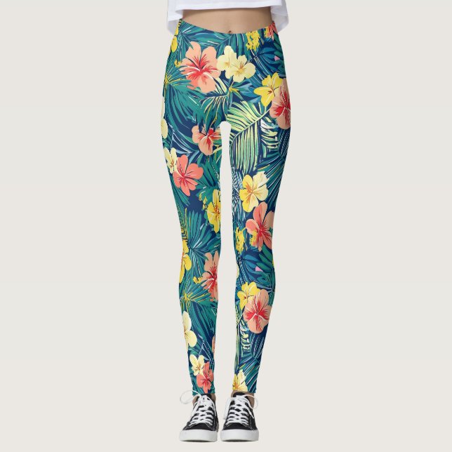 Farbenfrohe exotische Blume-Muster Leggings (Vorderseite)
