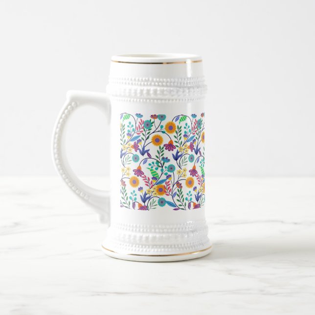 Farbenfrohe, exotische, florale Hintergrundmuster- Bierglas (Links)