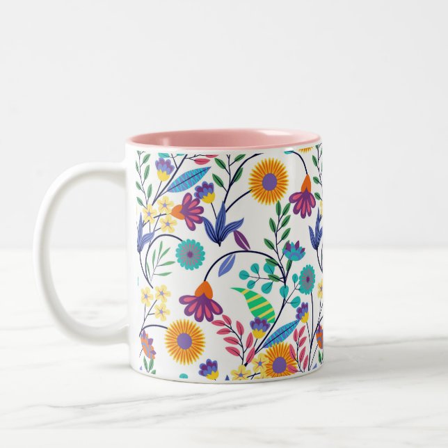 Farbenfrohe, exotische, florale Hintergrundmuster- Zweifarbige Tasse (Links)