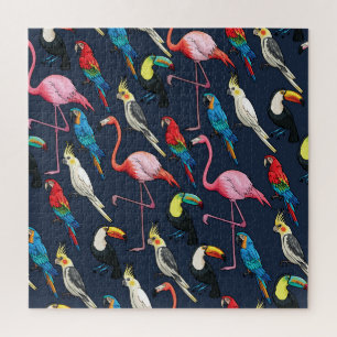 Farbenfrohe exotische Vögel dunkles Muster Puzzle