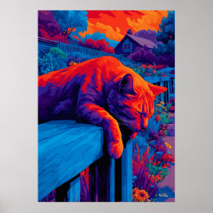 Farbenfrohe expressionistische Gartenkatzen-Wandku Poster