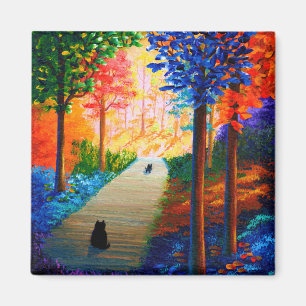 Farbenfrohe Fall Bäume Landschaft Schwarze Katzen Magnet