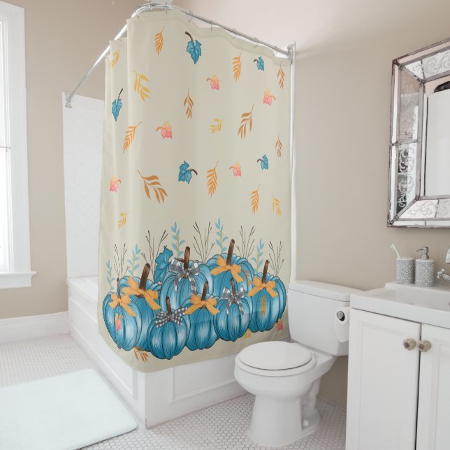 Farbenfrohe Fall Blue Pumpkins Beige Duschvorhang (Beispiel)