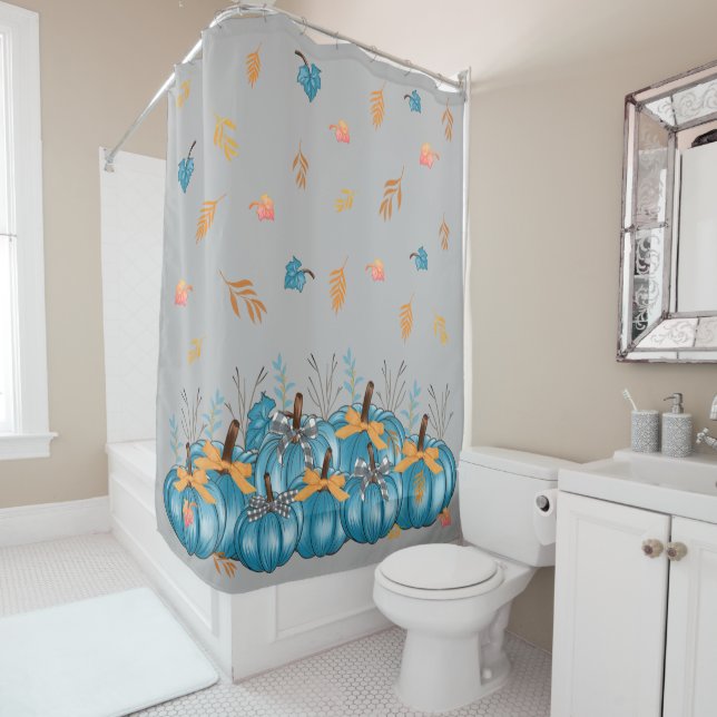 Farbenfrohe Fall Blue Pumpkins Grau Duschvorhang (Beispiel)
