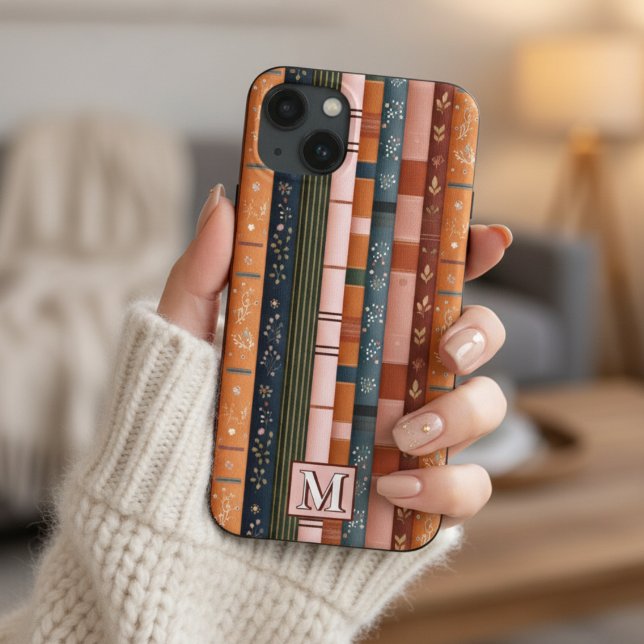Farbenfrohe Fall Streifen Monogram Phone Case (Von Creator hochgeladen)