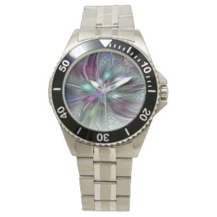 Farbenfrohe Fantasie Abstrakt Modernes Fraktal Blu Armbanduhr