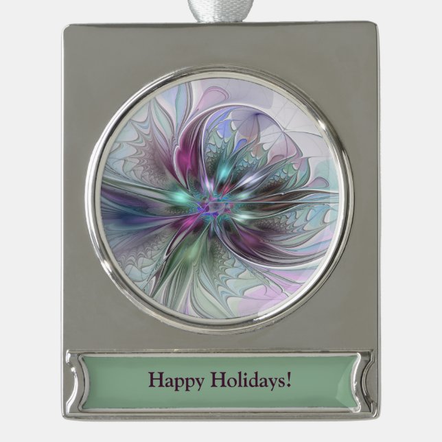 Farbenfrohe Fantasie Abstrakt Modernes Fraktal Blu Banner-Ornament Silber (Vorderseite)