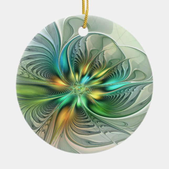 Farbenfrohe Fantasie Abstrakte Blume Fraktal Art Keramik Ornament (Vorne)