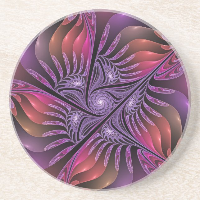 Farbenfrohe Fantasie Abstrakte Trippy Lila Fraktal Getränkeuntersetzer (Vorne)