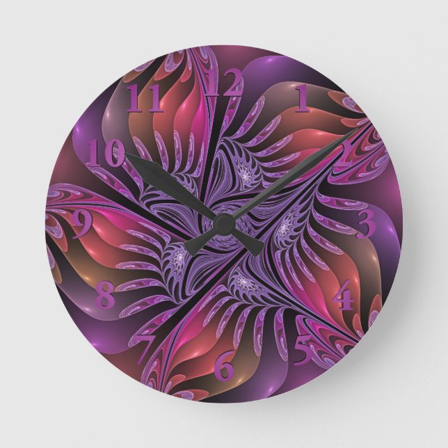 Farbenfrohe Fantasie Abstrakte Trippy Lila Fraktal Runde Wanduhr (Vorderseite)