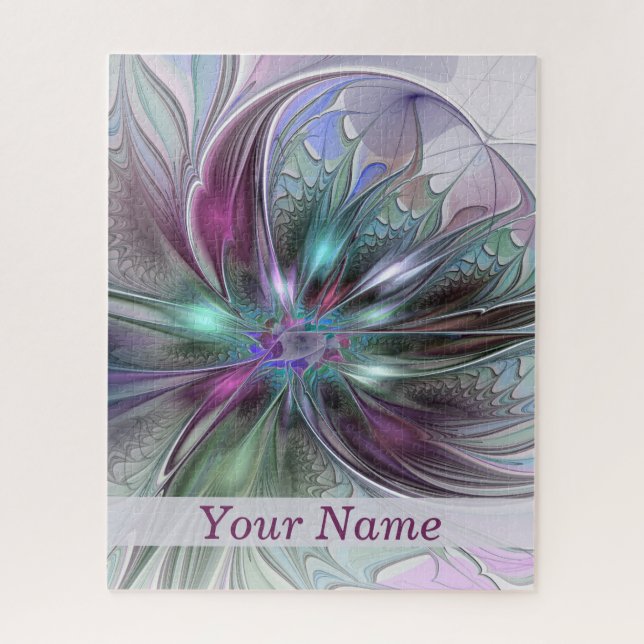 Farbenfrohe Fantasie Abstraktes Fraktal Blume Name Puzzle (Vertikal)