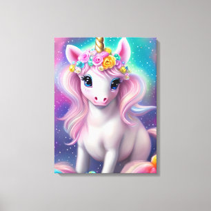 Farbenfrohe Fantasie Kawaii Unicorn Leinwanddruck