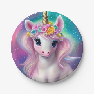 Farbenfrohe Fantasie Kawaii Unicorn Pappteller